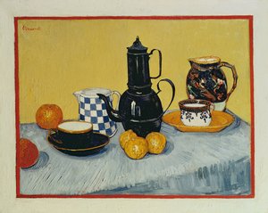 Nature morte avec cafetière en émail bleu, poterie et fruits, 1888